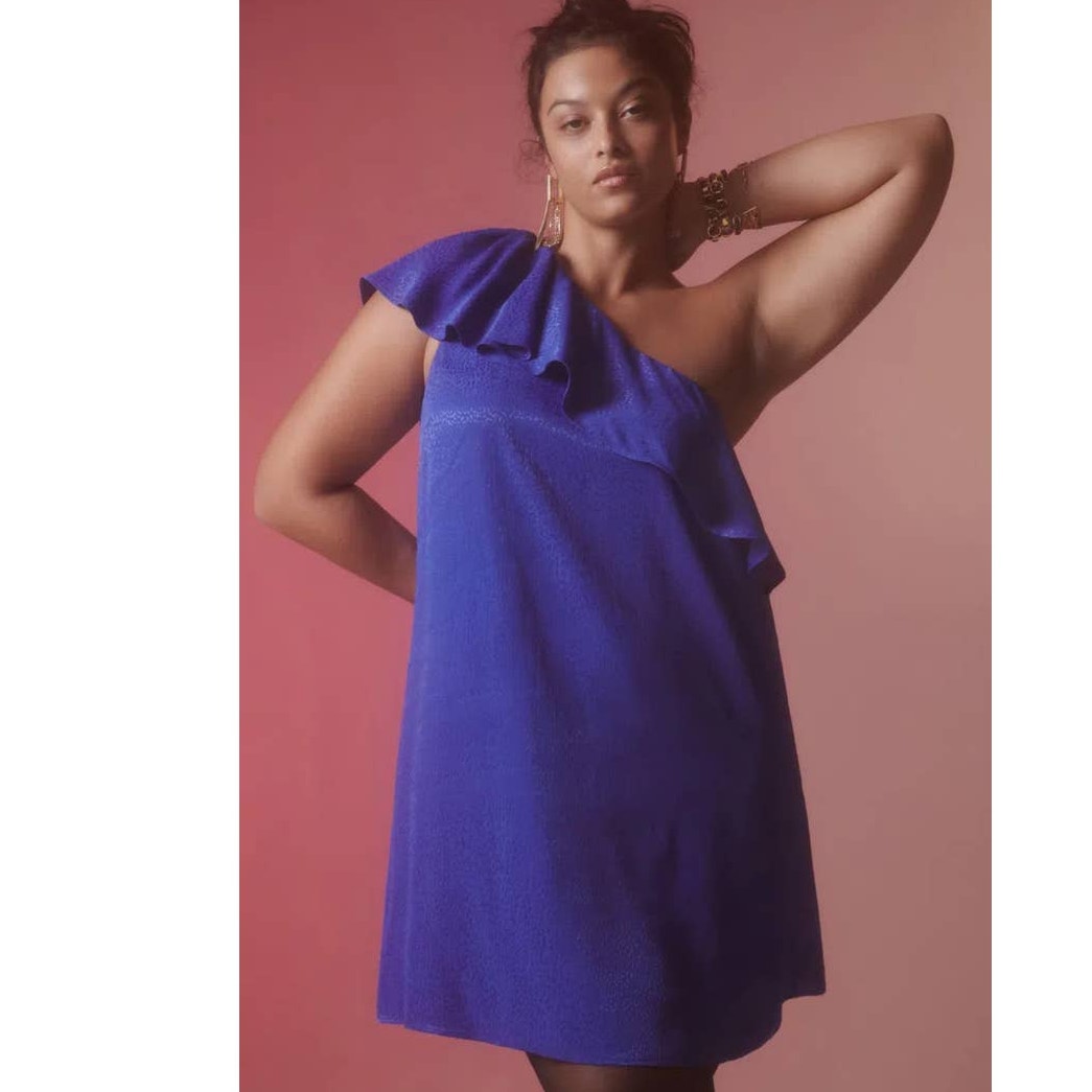 New Anthropologie Ruffled One-Shoulder Mini Dress $140 SIZE 6 BLUE