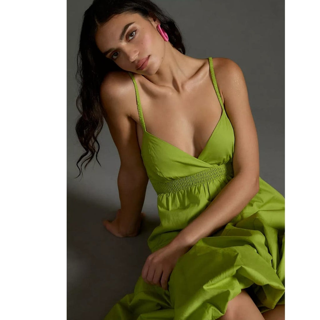 New By Anthropologie V-Neck Tiered Bubble-Hem Midi Dress $170 LARGE Green