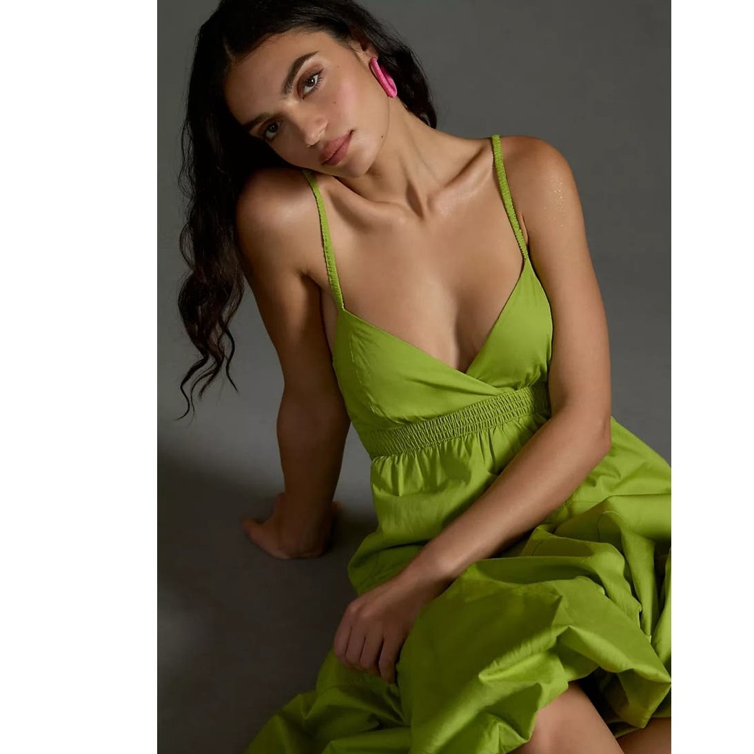 New By Anthropologie V-Neck Tiered Bubble-Hem Midi Dress $170 LARGE Green