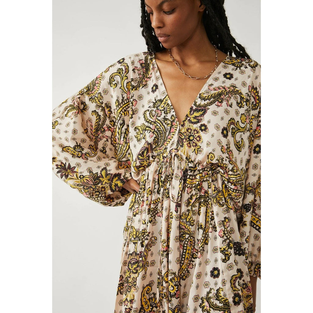 New Free People Arzel Printed Mini Dress $148  X-SMALL Tea Combo Long Sleeve