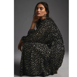 New Anthropologie Mille V-Neck Lurex Midi Dress $498 XXS Black & Metallic Gold