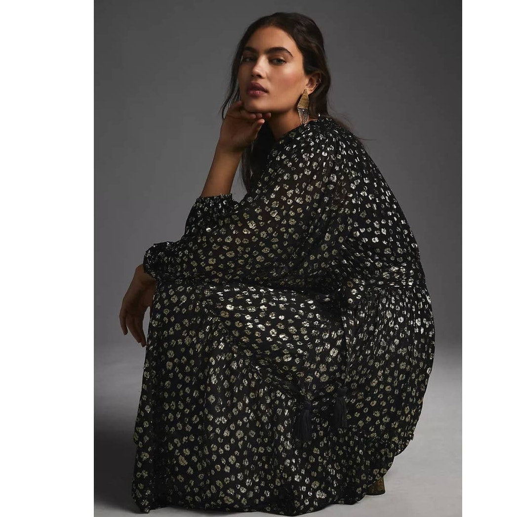 New Anthropologie Mille V-Neck Lurex Midi Dress $498 XXS Black & Metallic Gold