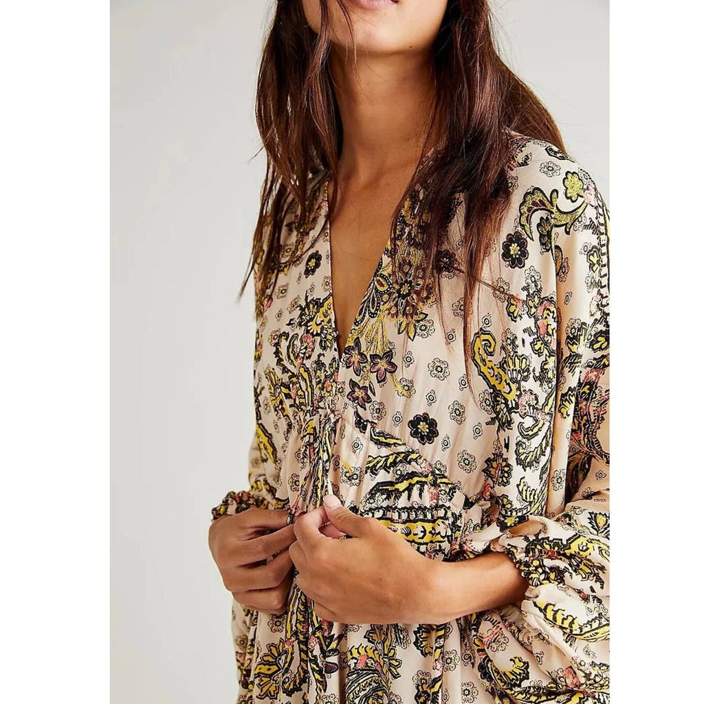 New Free People Arzel Printed Mini Dress $148  X-SMALL Tea Combo Long Sleeve