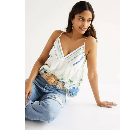 White embroidered babydoll tank top with V-neck and multicolor floral panels