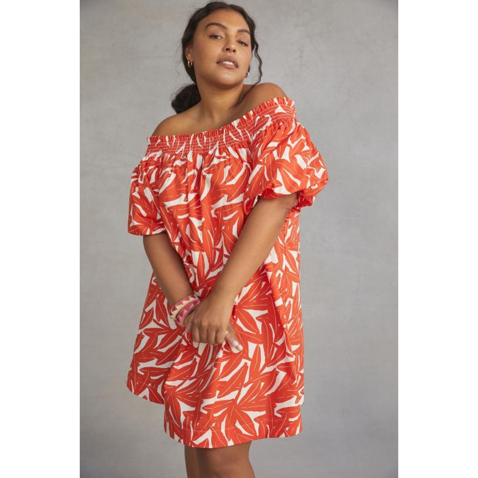 New Anthropologie WHIT TWO Banana Leaf Off-The-Shoulder Tunic Dress $198 SMALL