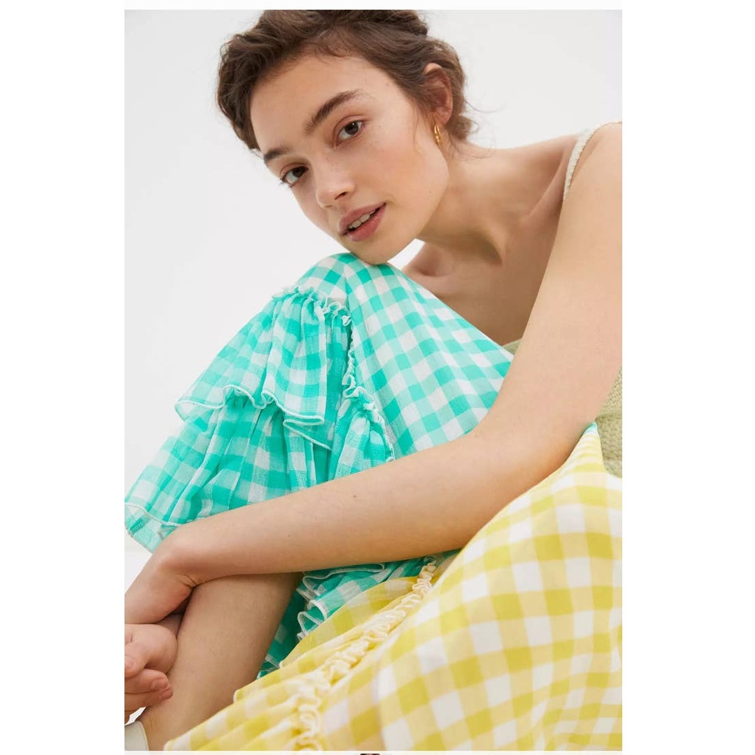 New Anthropologie Eva Franco Lynsey Gingham Maxi Skirt $168  SMALL  Yellow & Green