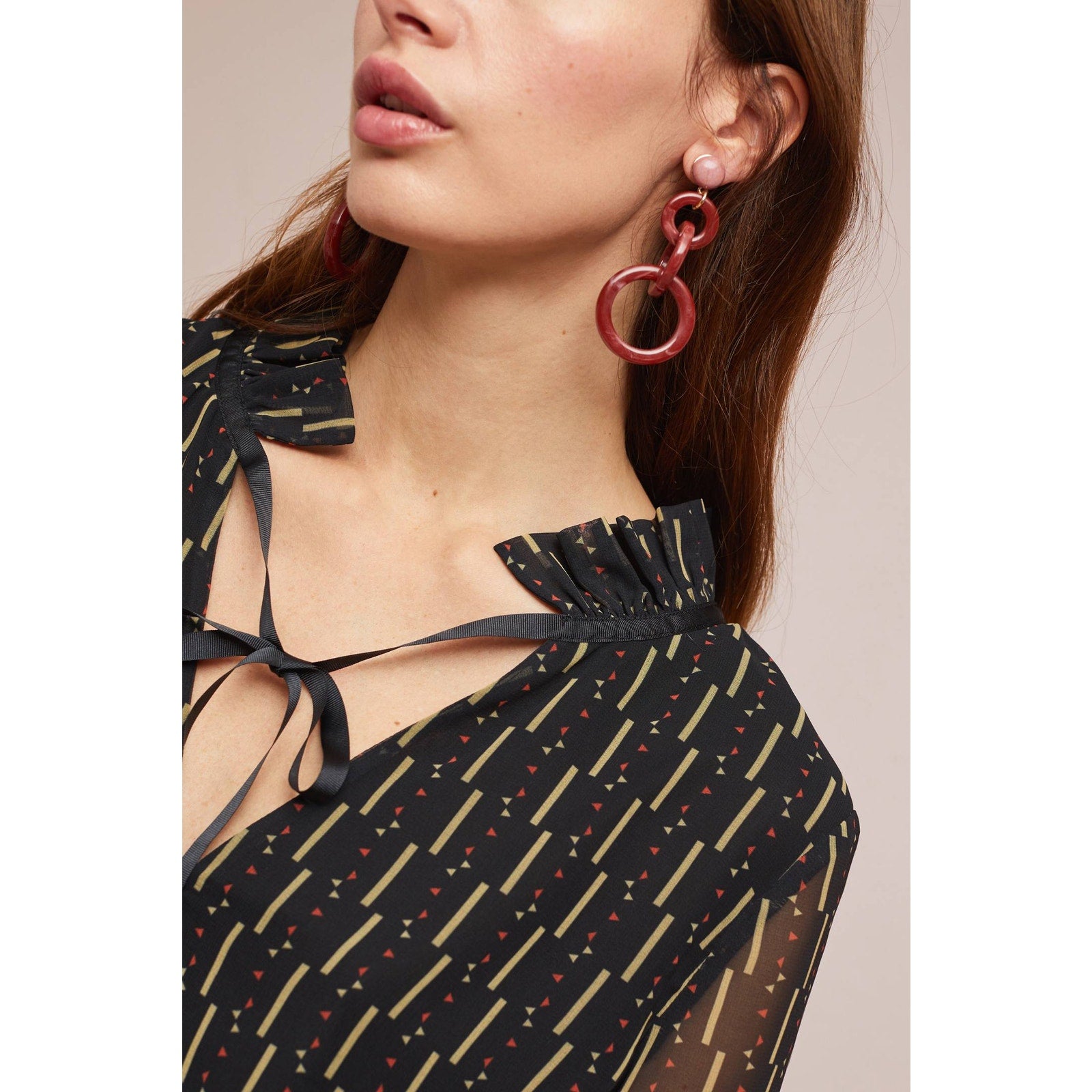 New Anthropologie Kiara Long Sleeve Blouse by Laia $148 Black Small Geo