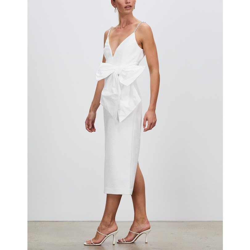 New Rebecca Vallance Genevieve Bow V-Neck Sheath Midi Dress $630 SIZE 8 White