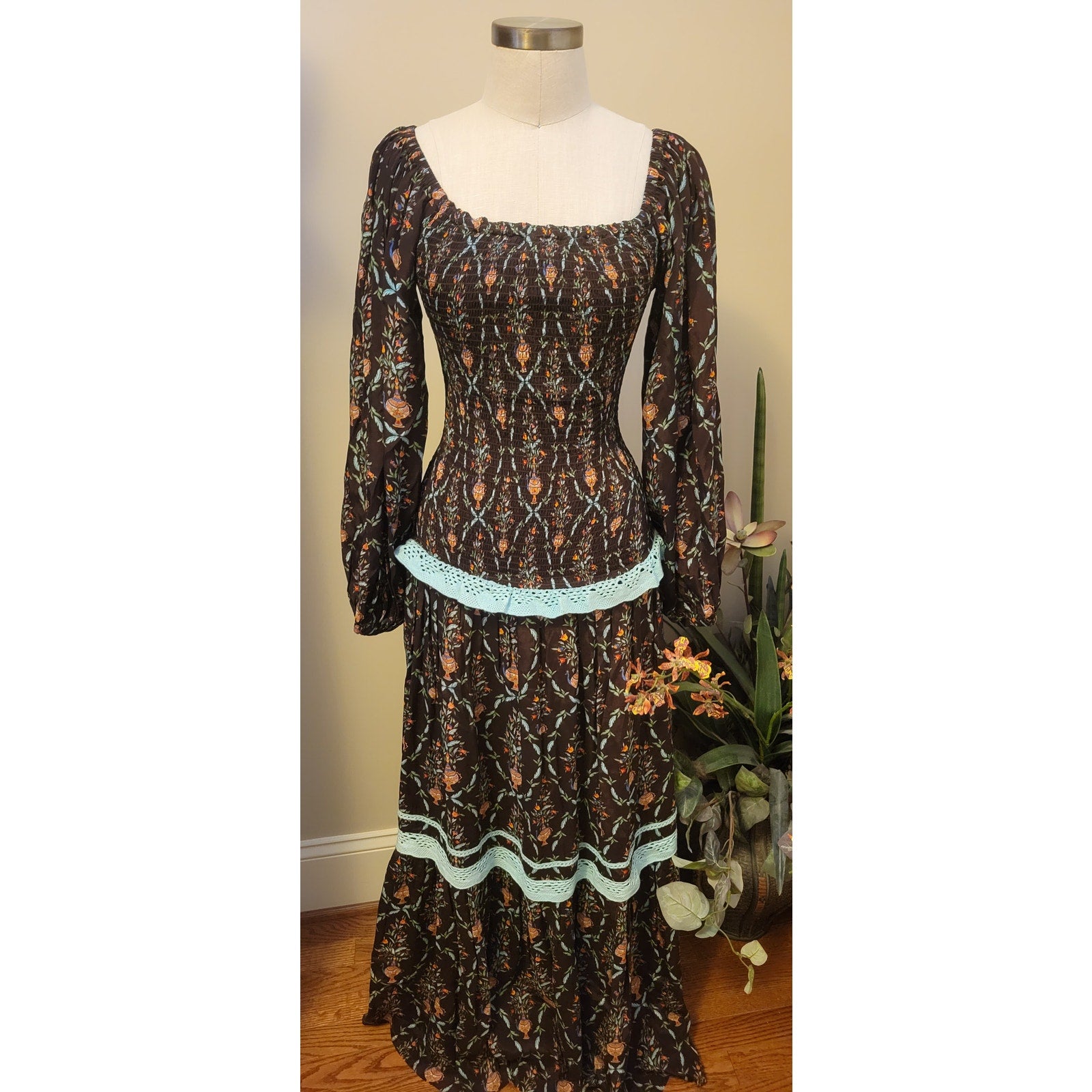 New Verandah Smocked Tiered Maxi Dress SQUARE-NECK  $595 SMALL (4) Brown Motif