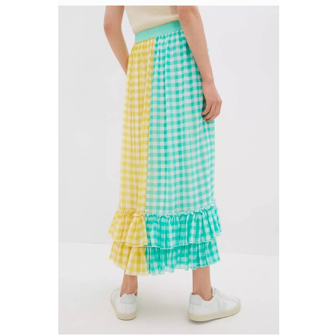 New Anthropologie Eva Franco Lynsey Gingham Maxi Skirt $168  SMALL  Yellow & Green