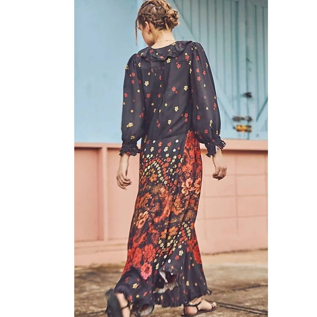 New Free People Talsey Floral Maxi Dress $198 X-SMALL Black Combo Long Sleeve