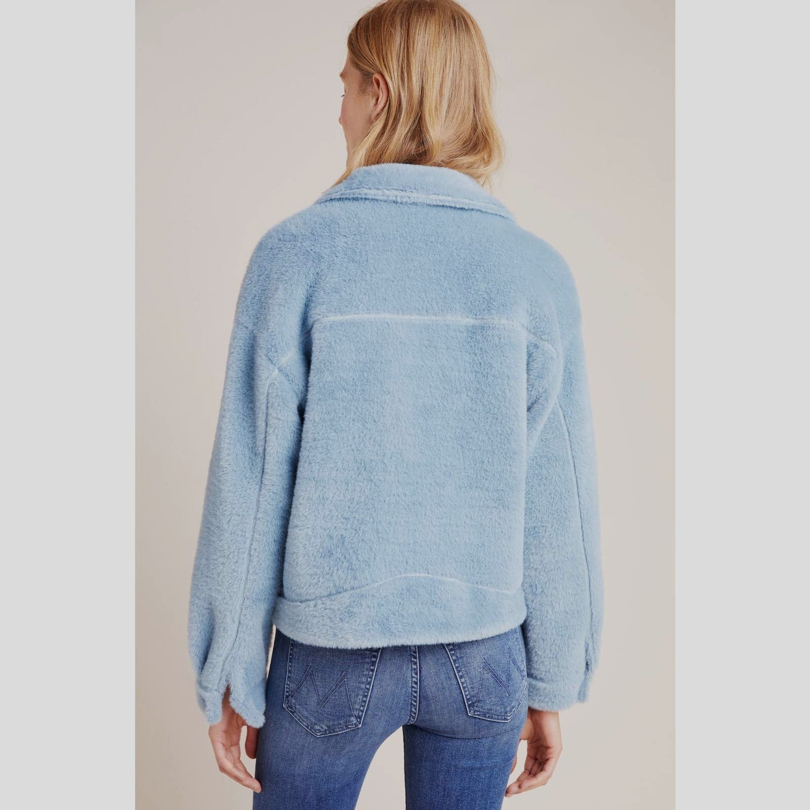 New Anthropologie Sherpa Swan Zipper Coat by FRNCH $198 Blue MEDIUM Ultra Soft