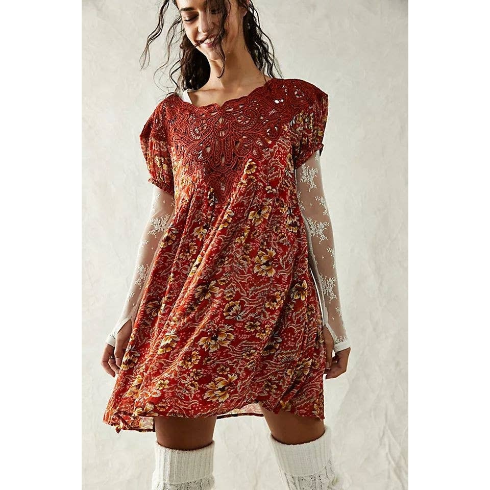 New Free People Margot Boho Floral Mini Dress $168 X-SMALL Terracotta