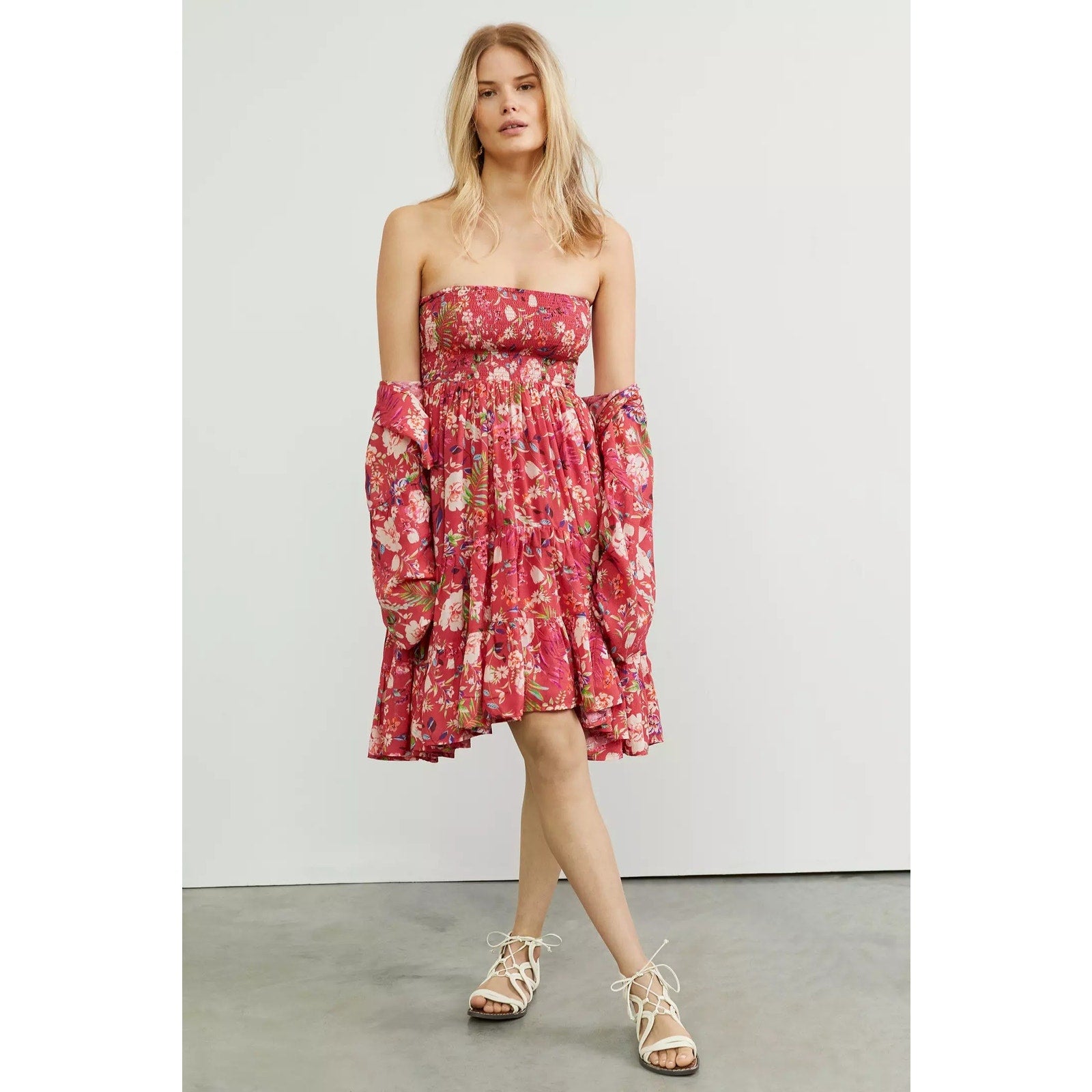 Anthropologie Smocked Floral Midi Skirt & Tie Front Top Set