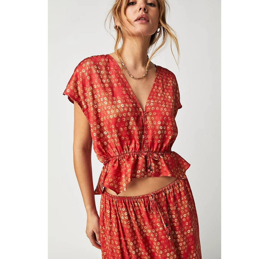 New Free People Dreambound Silky Maxi Skirt Set $168 X-SMALL Red Boho V-neck Top
