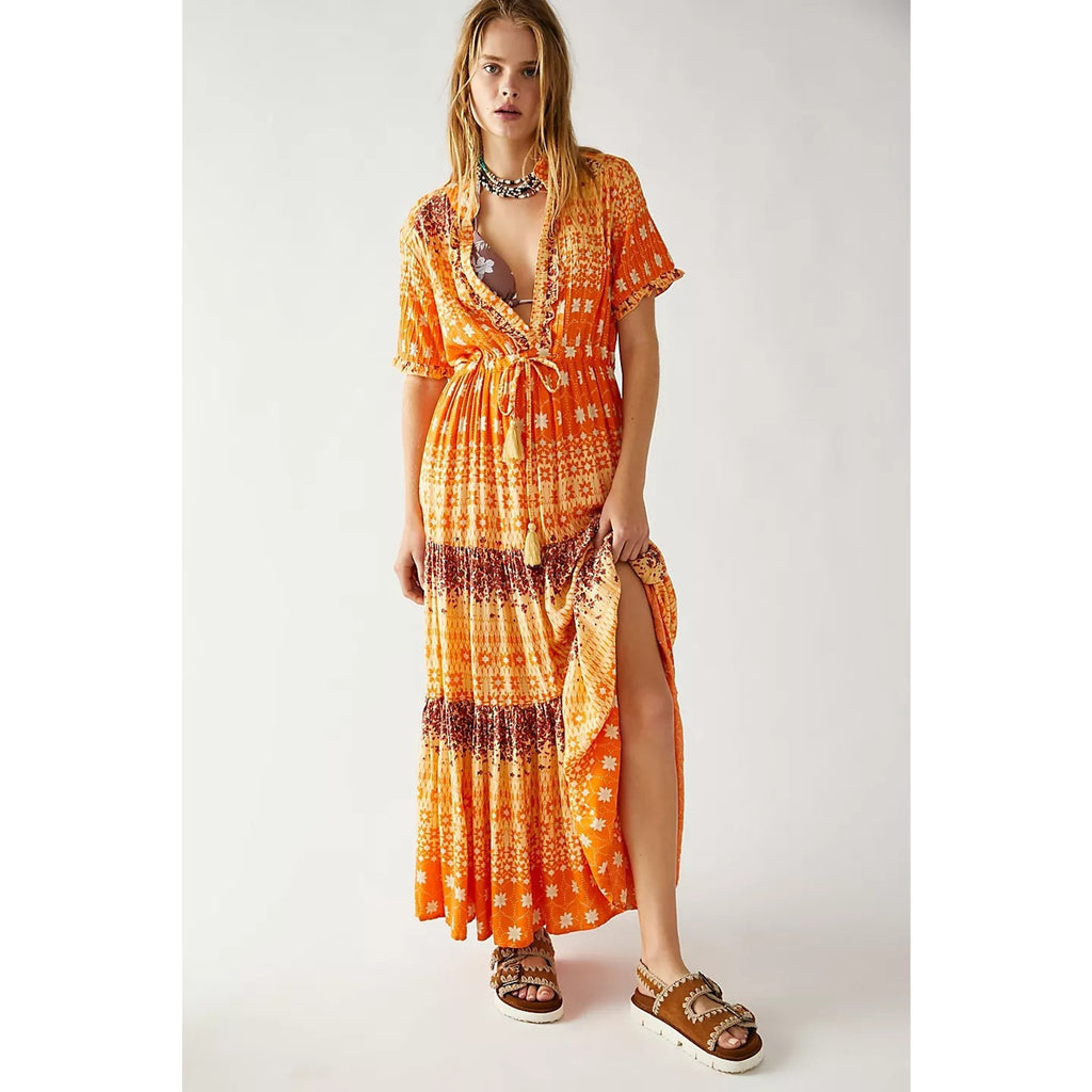 New Free People Rare Feelings Tiered Maxi Dress $148 X-SMALL Orange Boho Floral