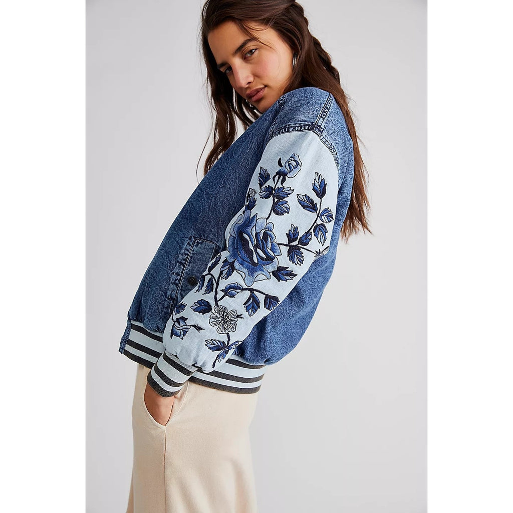 New Free People WTF Team Spirit Jacket $298 SMALL Stone Blue Floral Embroidery