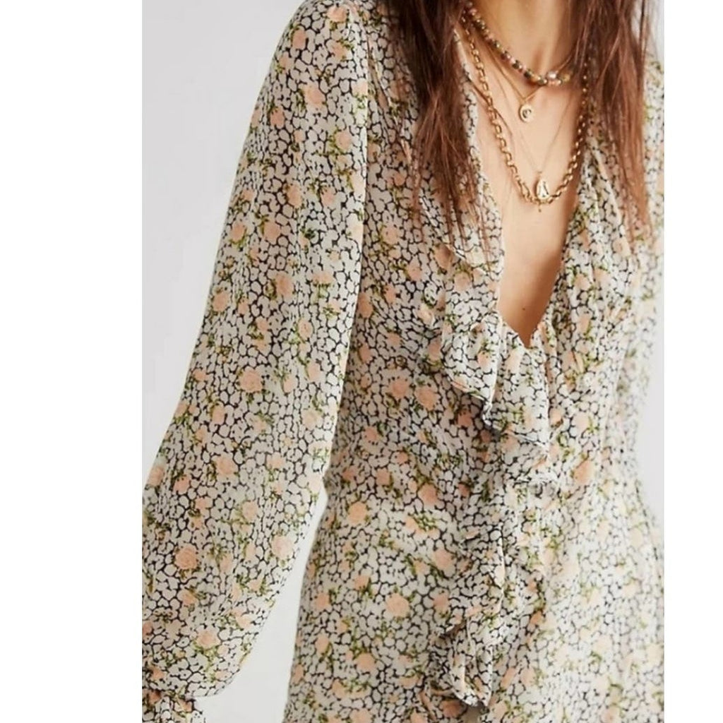 Free People Gigi Semi Sheer Floral Maxi Top $198 SMALL Ivory Long Sleeve