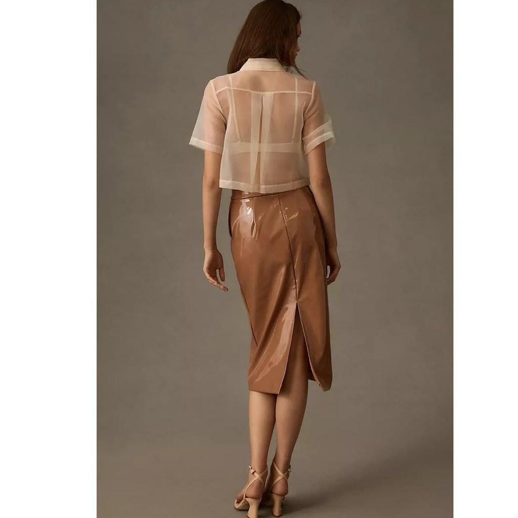 Anthropologie Sunday in Brooklyn Faux Leather Midi Skirt $130 MEDIUM Bronze