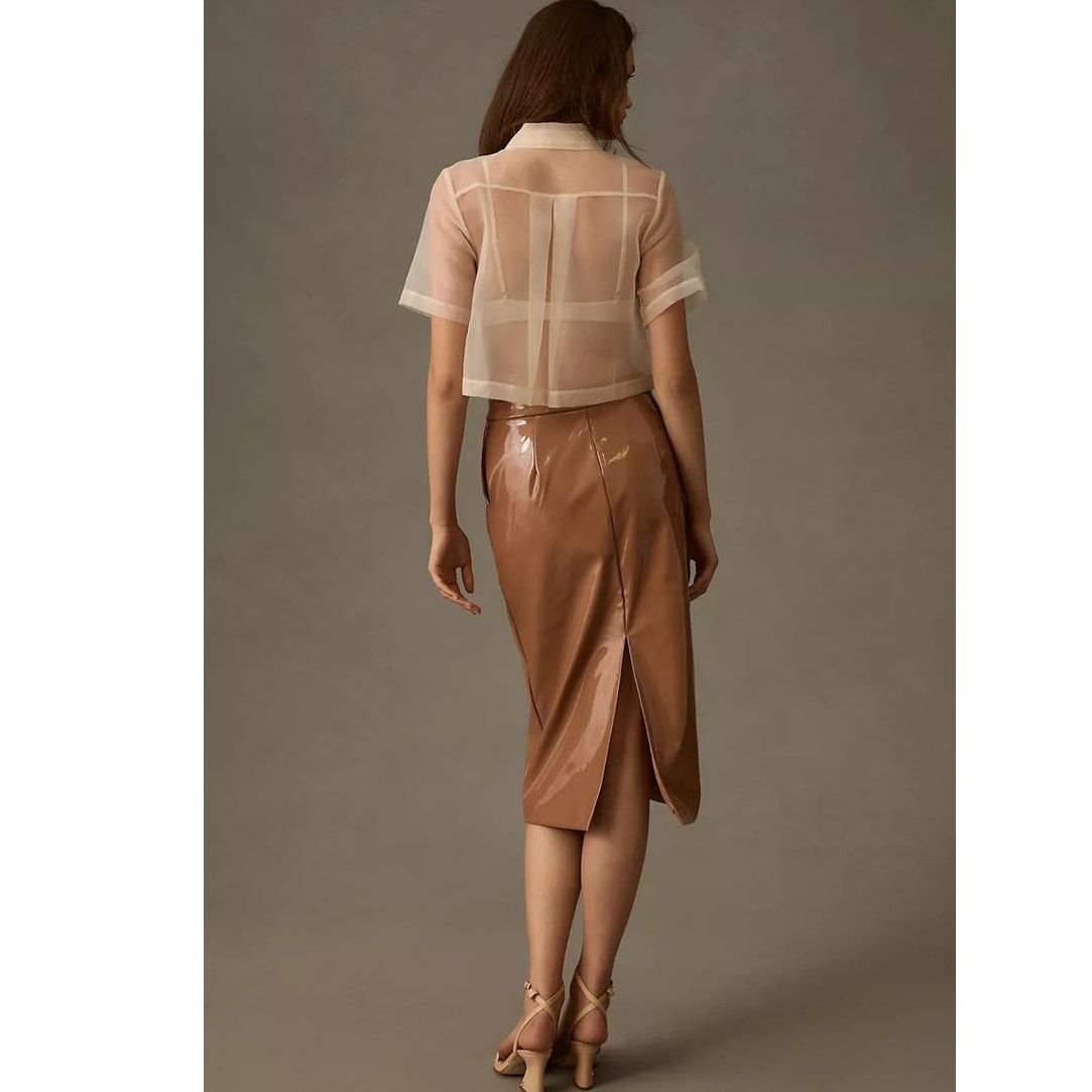 Anthropologie Sunday in Brooklyn Faux Leather Midi Skirt $130 MEDIUM Bronze