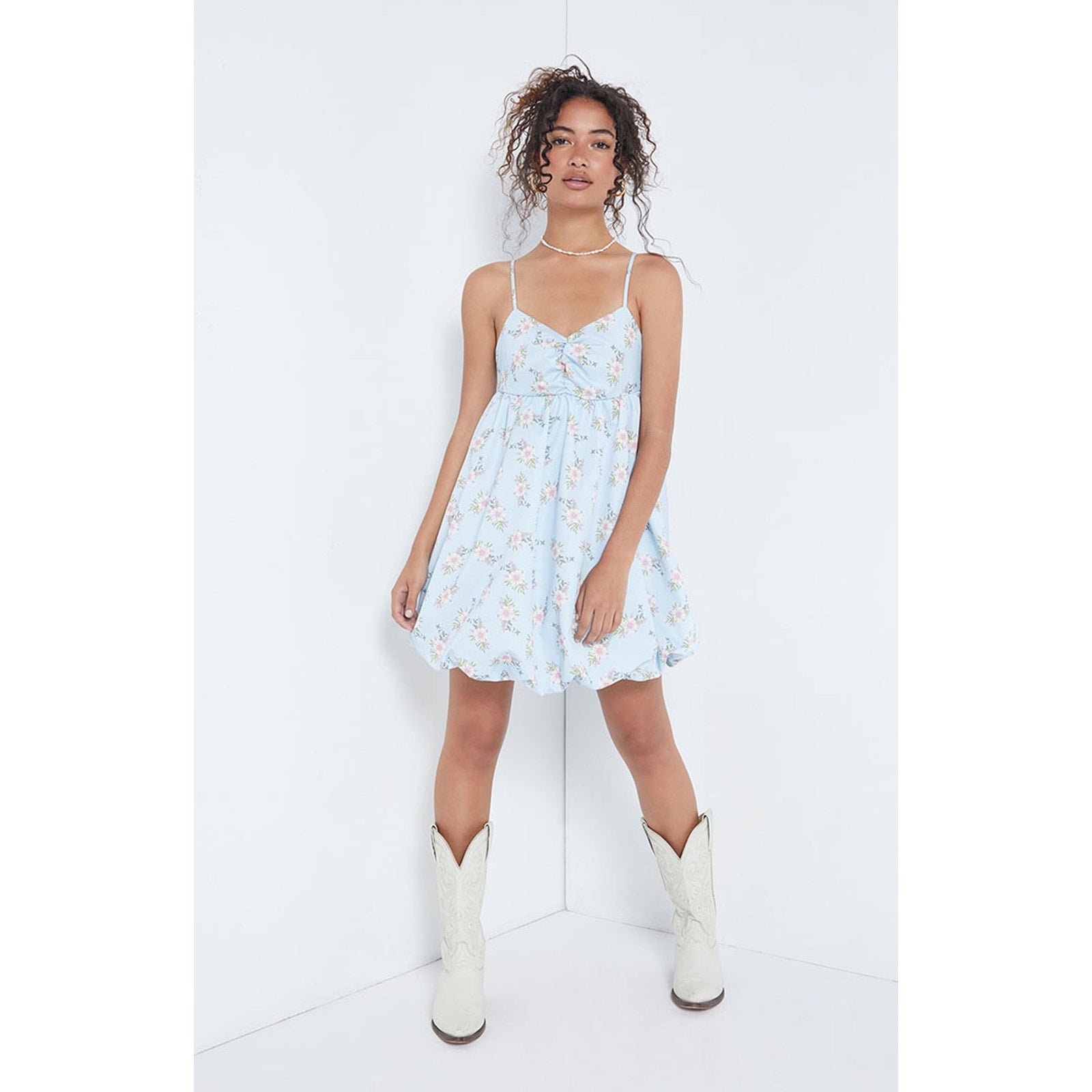 New Free People In A Bubble Floral Mini Dress $128 SMALL Blue Empire Babydoll