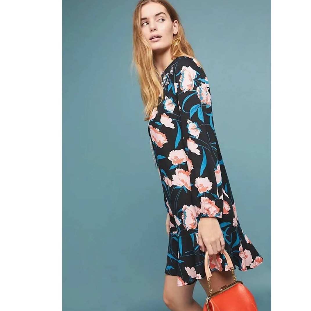 New Anthropologie Ragonda Floral Tunic Dress by Maeve $120 SIZE 4 Black