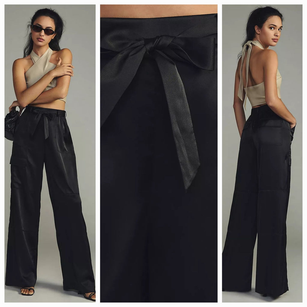 New Anthropologie Hutch Satin Utility Pants $148 SMALL Black Spandex
