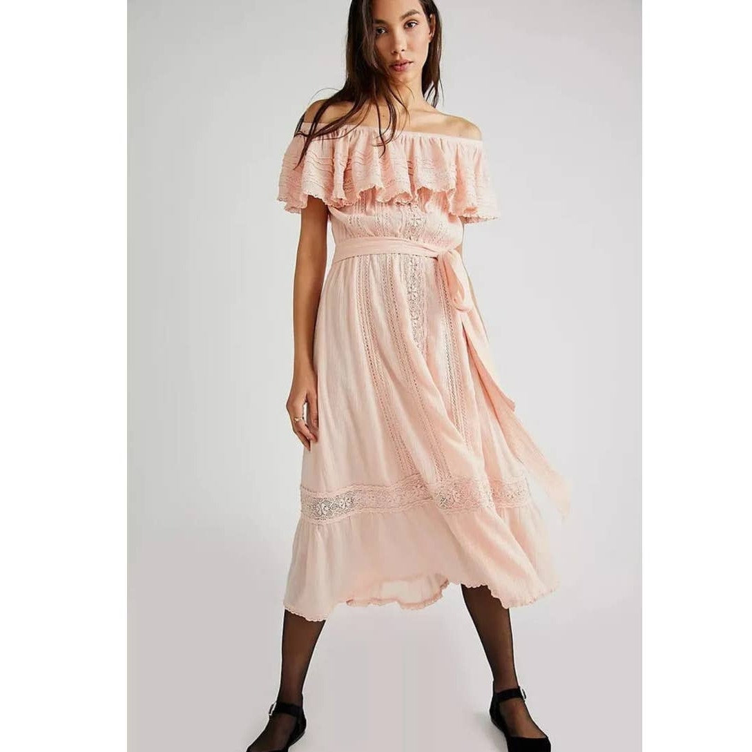 New Free People x Spell Cassie Off The Shoulder Lace Gown $299 X-SMALL Pink Free People