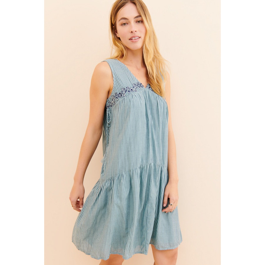New Anthropologie Aida Floral Embroidered Mini Dress $148 SMALL Blue Striped