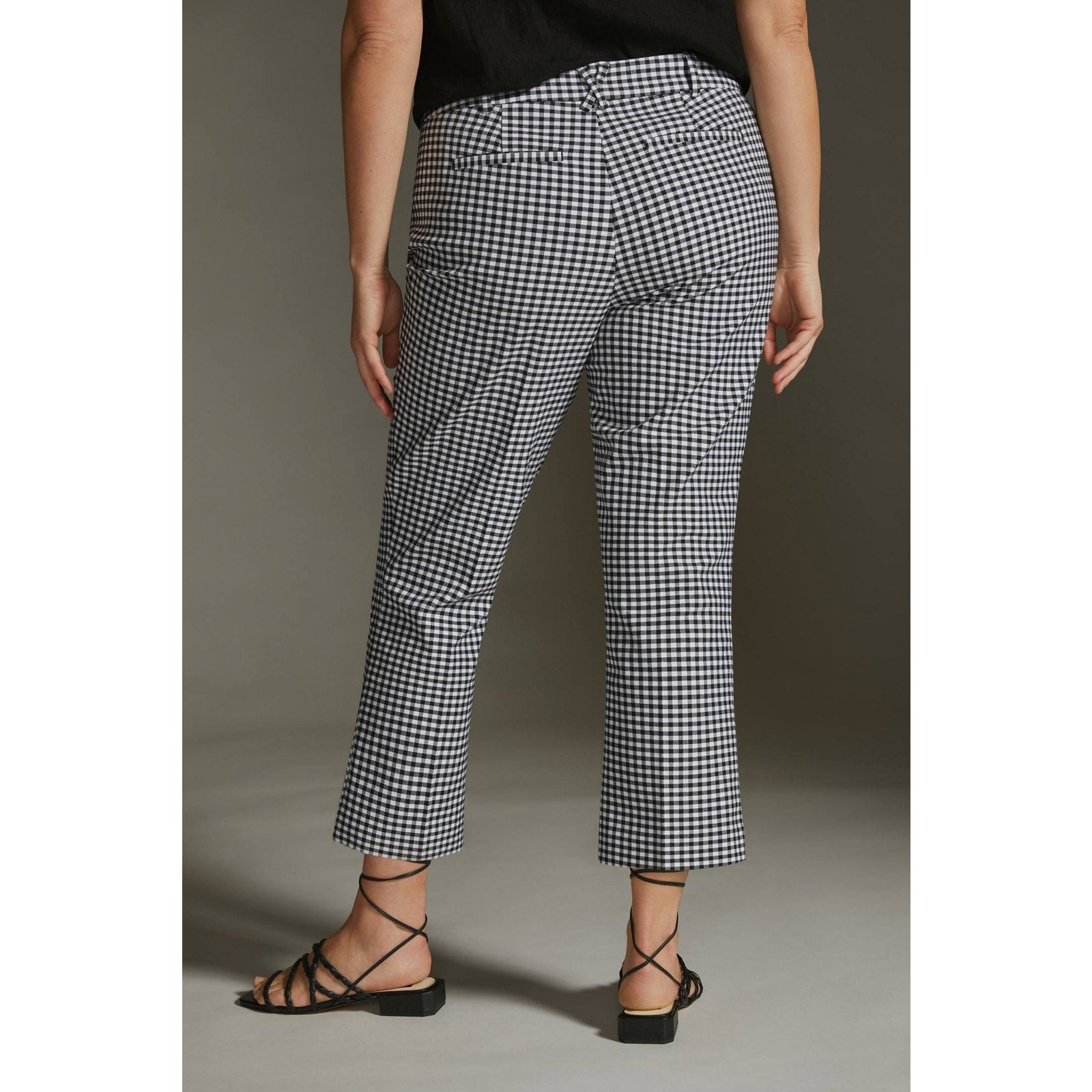 New Anthropologie The Essential Slim Kick Gingham Flare Pants $128 US 4 B&W Crop