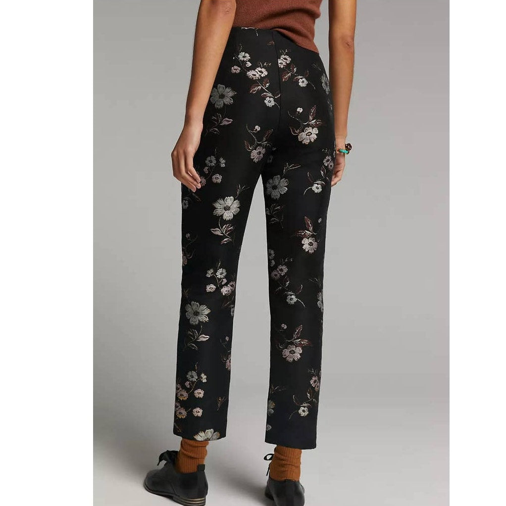 New Anthropologie ML Monique Lhuillier Jacquard Trousers $395 Sz 4 Black Floral