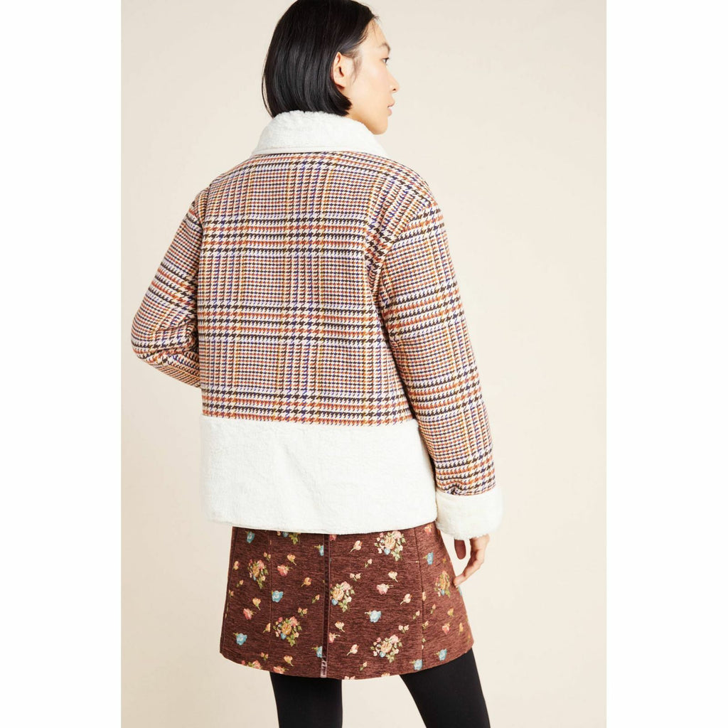 New Anthropologie Plaid Faux Fur Jacket by NuRode $240 X-SMALL Houndstooth