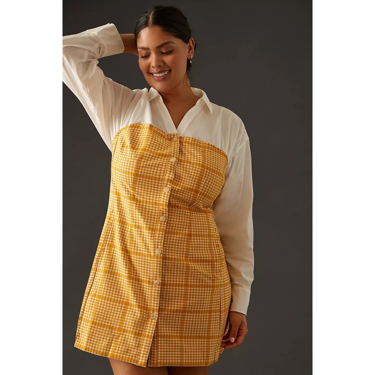 New Anthropologie Maeve Knit Twofer Mini Dress $170 Gold Plaid Size Plus 1X