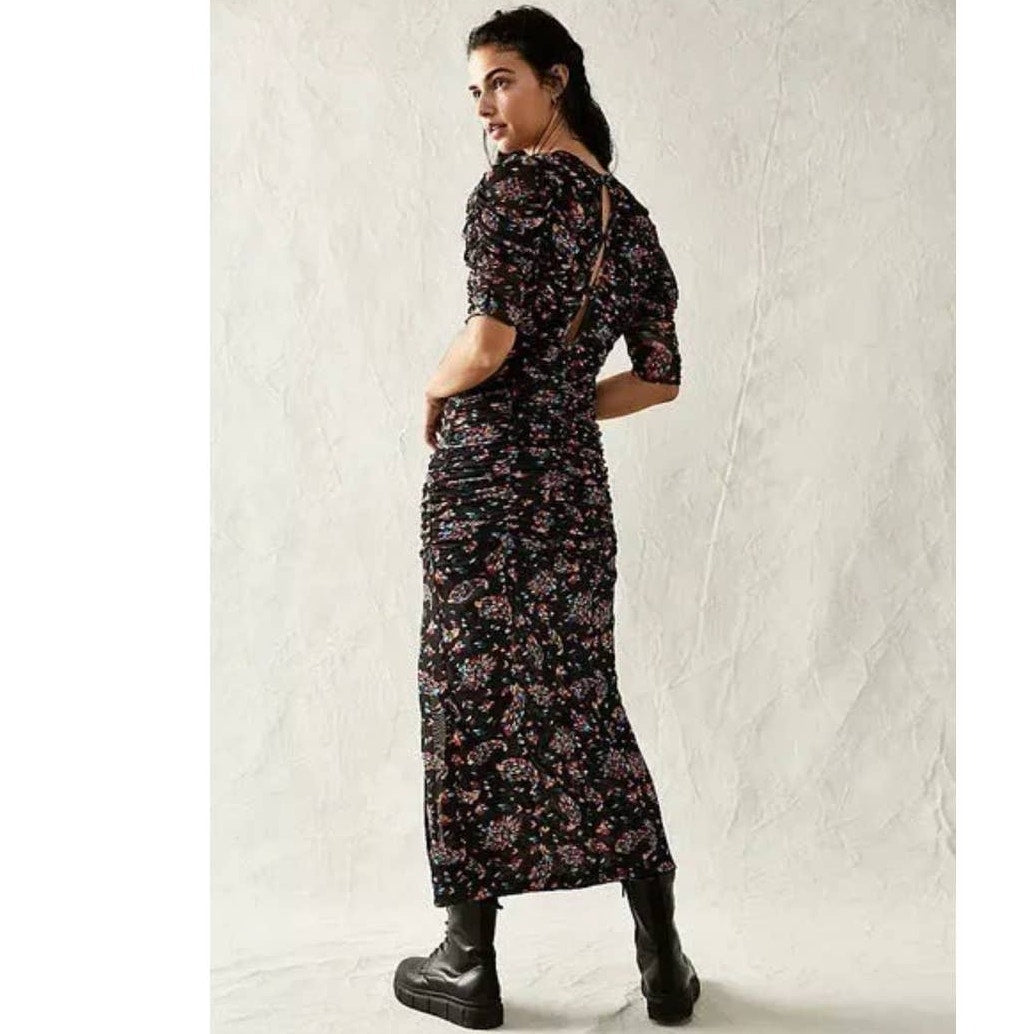 New Free People Briella Abstract Floral Midi Dress  $168 SMALL Twilight