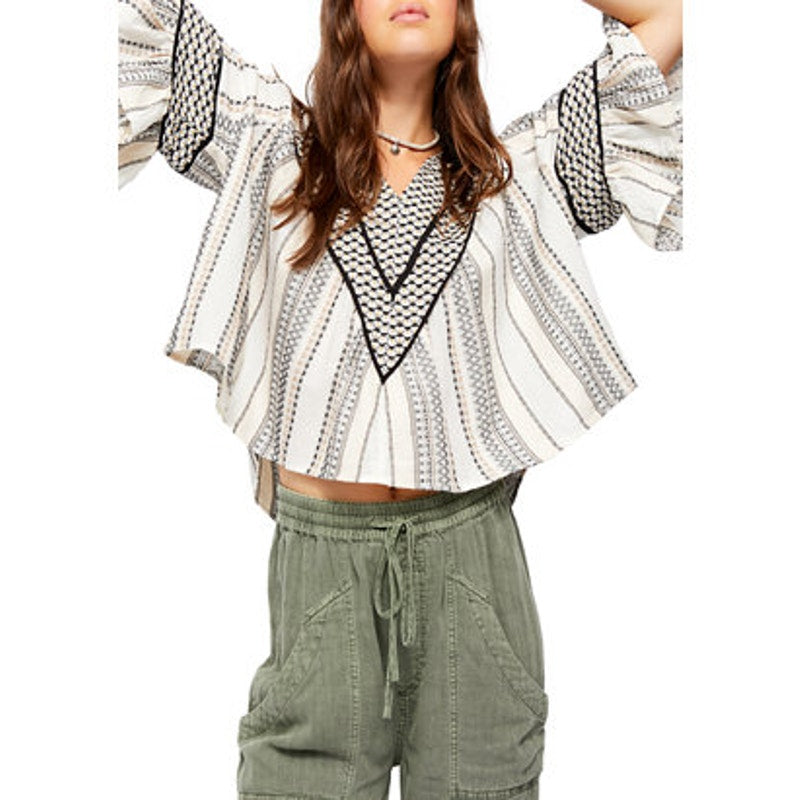 New Free People Runnin On A Dream Striped Embroidered Crop Top $128 SMALL V-neck