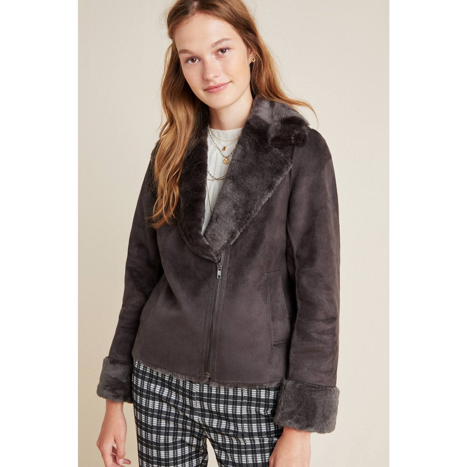 New Anthropologie Evita Faux Fur Aviator Jacket $240 SIZE 6 Gray