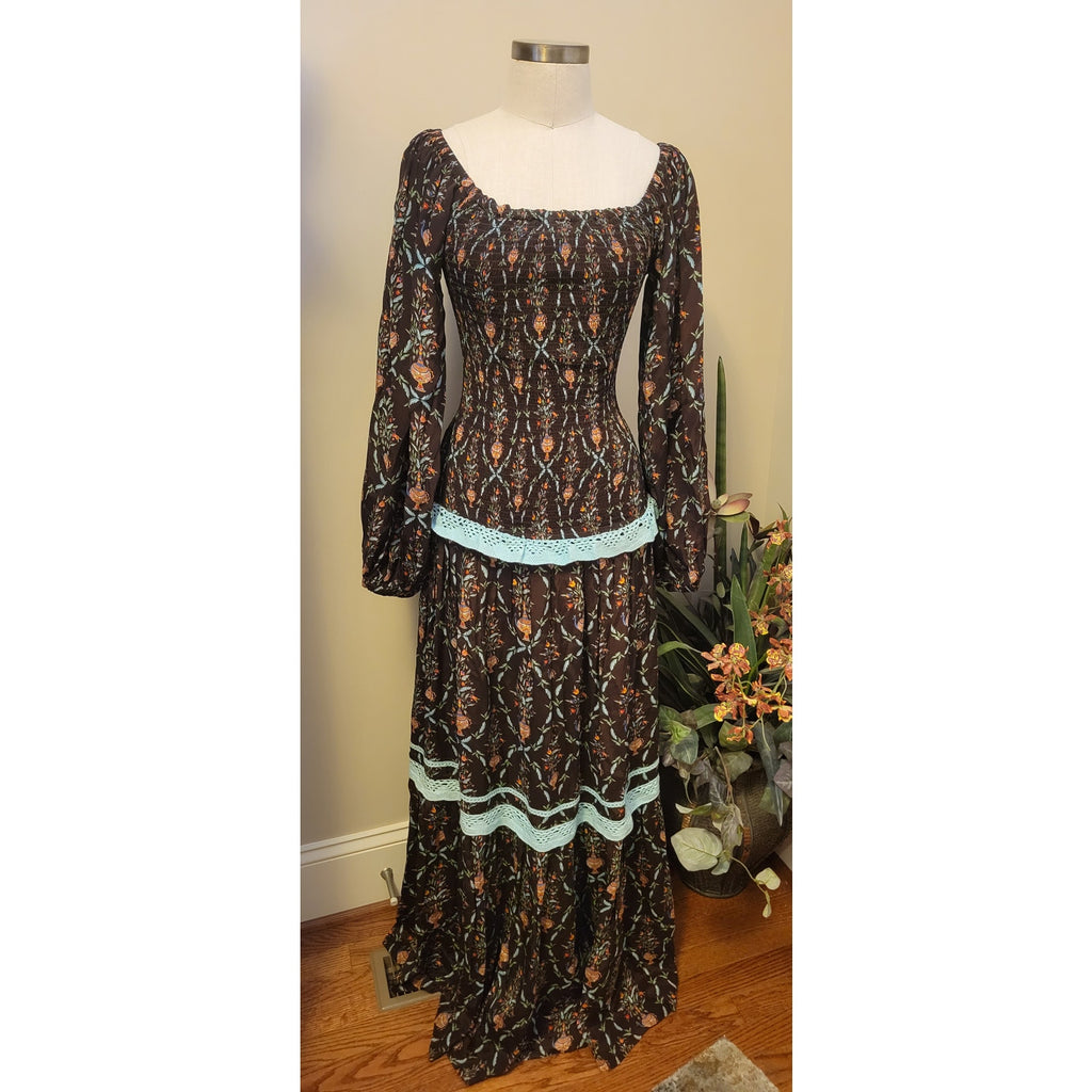New Verandah Smocked Tiered Maxi Dress SQUARE-NECK  $595 SMALL (4) Brown Motif