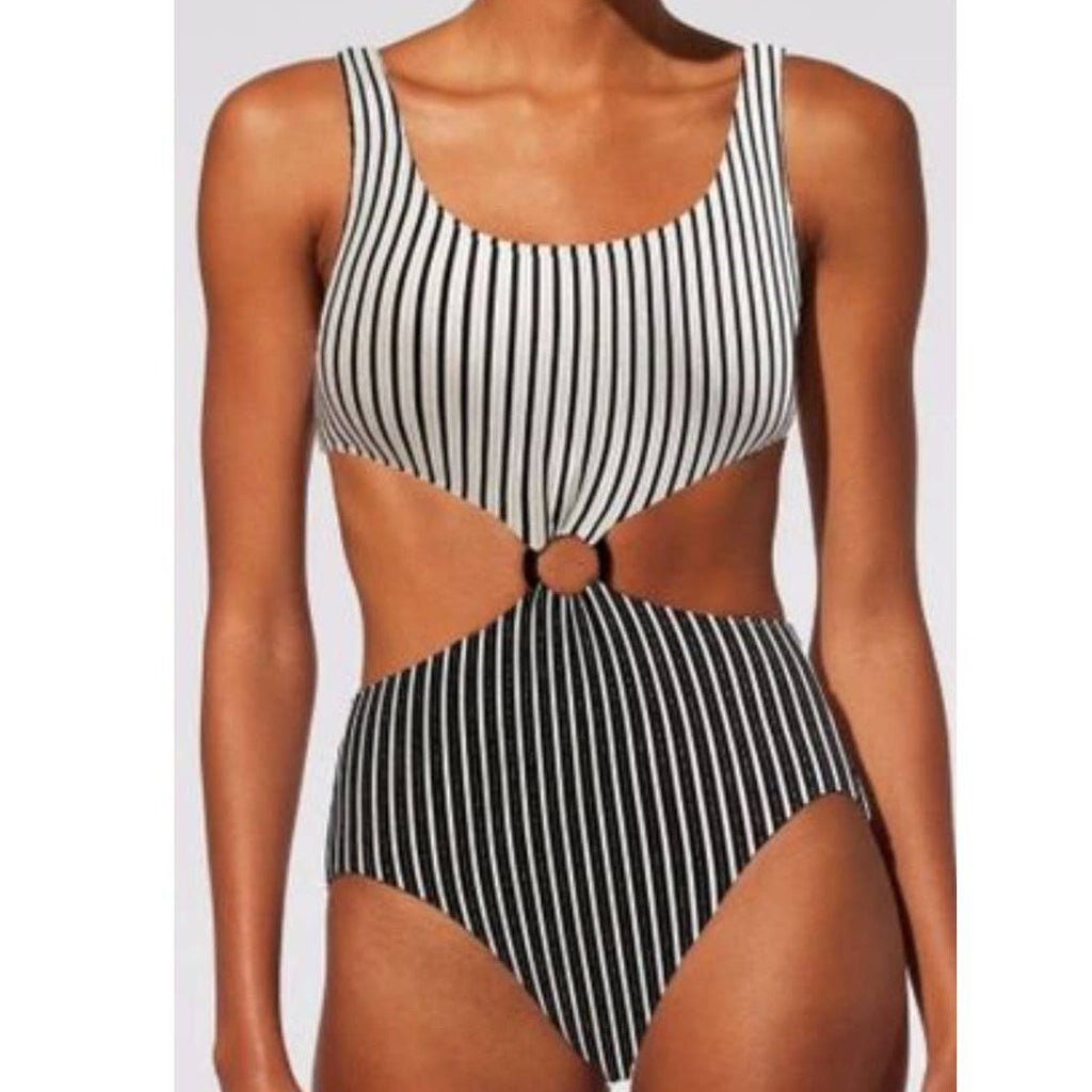 New Free People Solid & Striped The Bailey One-Piece Swimsuit $188 MEDIUM Black