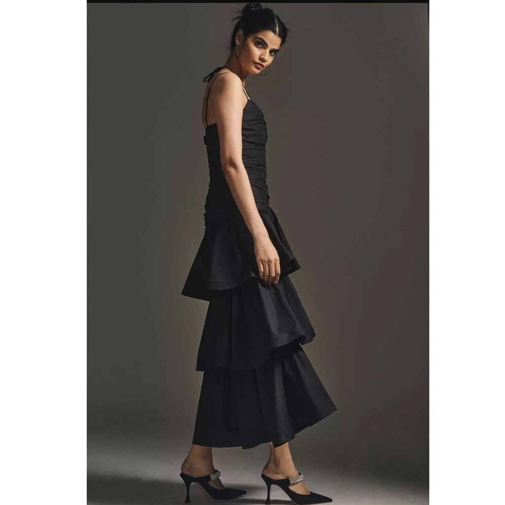 New Anthropologie Free People ELLIATT Ruched Aspen Maxi Dress $260 BLACK XS