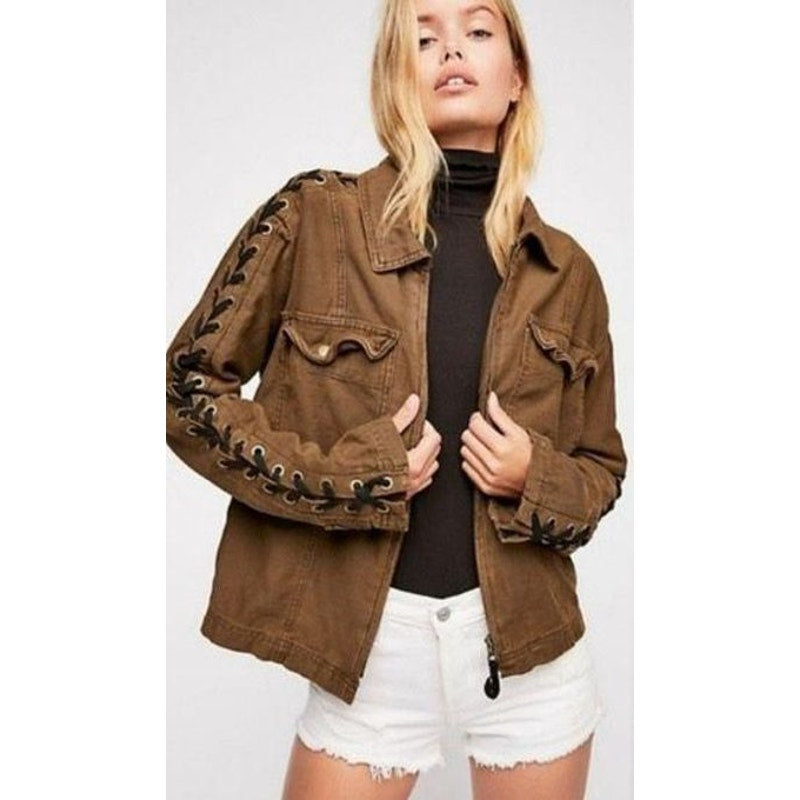 New Free People Faye Military Twill Lace Up Jacket Retail $168 Small Moss Zip