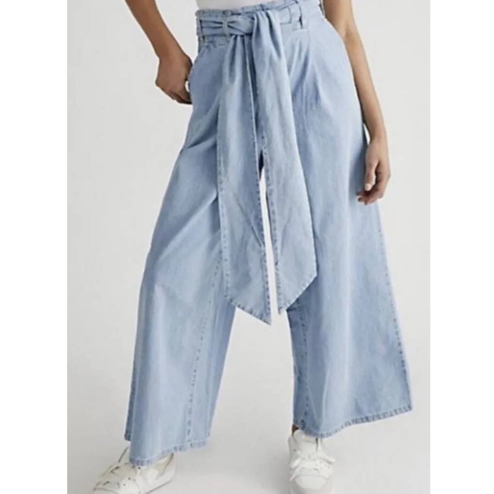 New Free People Sasha Convertible Wide-Leg Jeans WTF $178 LARGE Light Blue