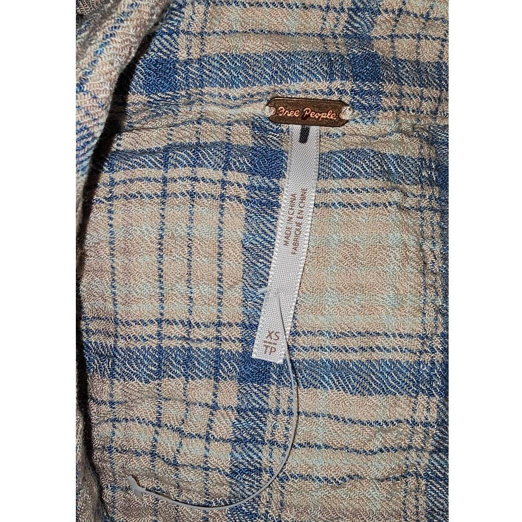 New Free People Elai Plaid Mini Shirtdress $148 X-SMALL Ivory Combo Long Sleeve
