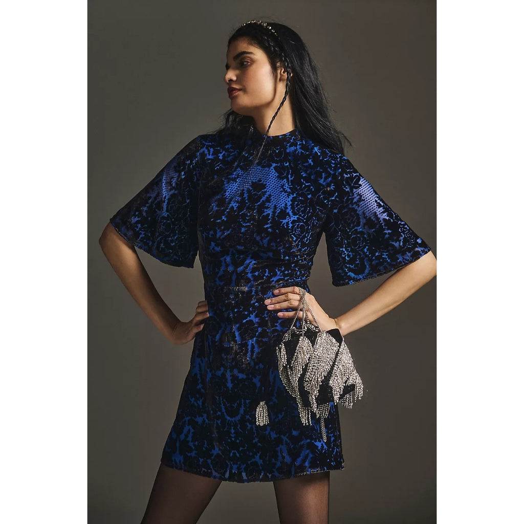 New Anthropologie Mock-Neck Velvet Mini Dress $180 SIZE 6P Petite Blue/Black