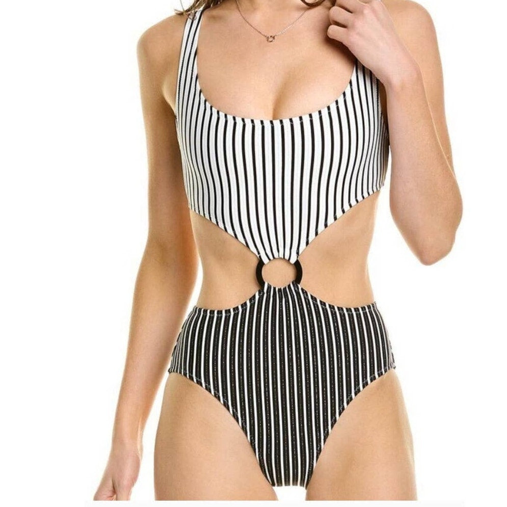 New Free People Solid & Striped The Bailey One-Piece Swimsuit $188 MEDIUM Black