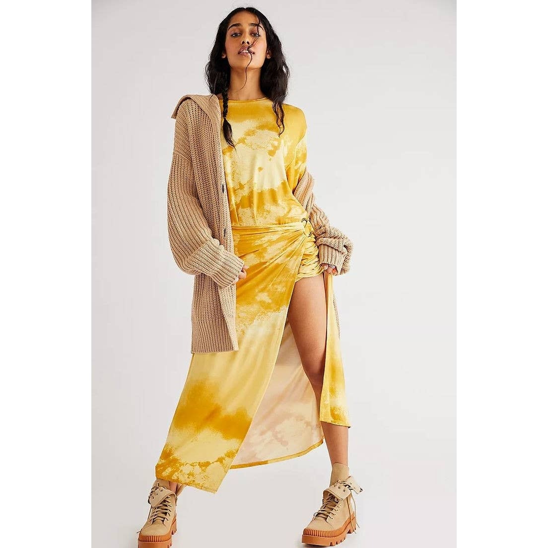 New Free People Alyssa Wrap Boho Maxi Dress MEDIUM $128 Yellow