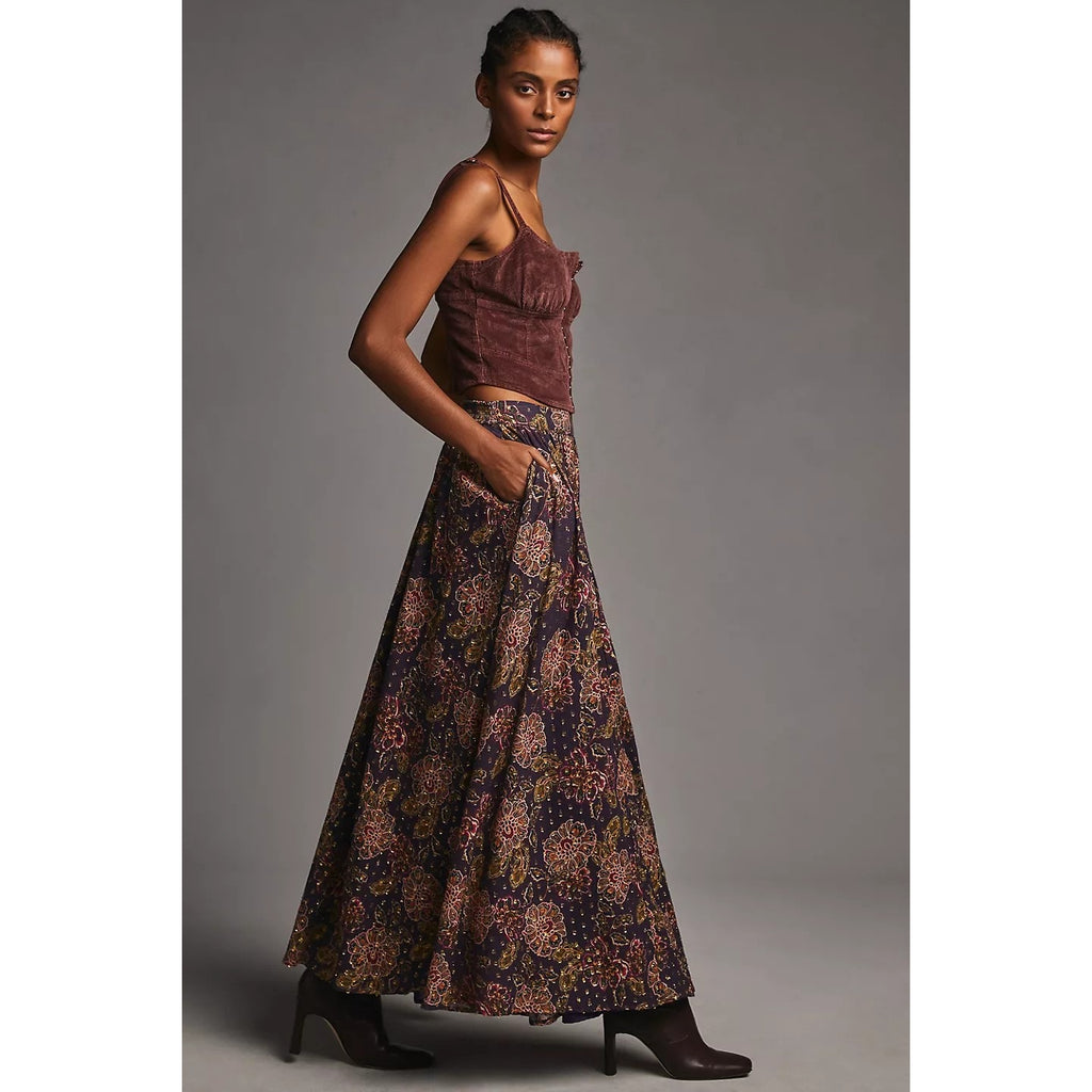 New Anthropologie The Odells Nina Floral Maxi Skirt $248 SMALL Purple