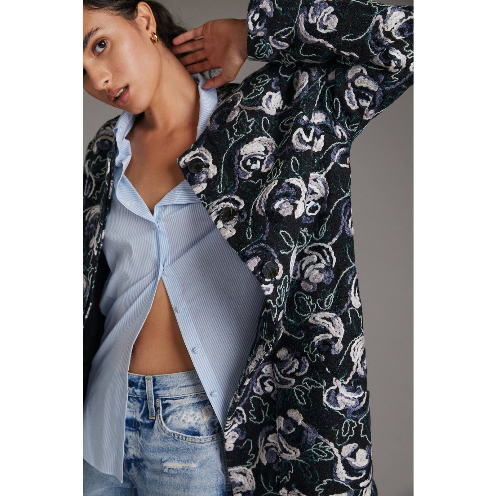 New Anthropologie Floral Embroidered Coat by Hutch $260 X-SMALL Blue