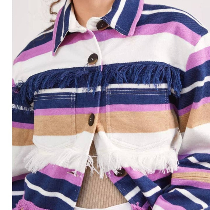 New Anthropologie by Alexandra Bueno Stripe Fringed Buttondown Jacket $398 SMALL