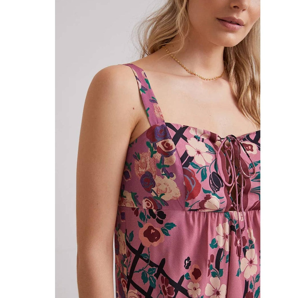 New Anthropologie Anna Sui Rosette Lace-Up Floral Mini Dress $519 SIZE 2 Purple