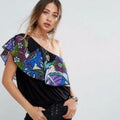 Free People Annka One-Shoulder Floral Top Retail Small Jersey Knit Black Free People